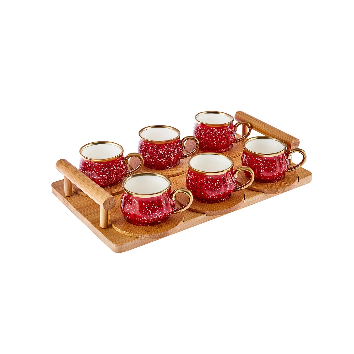 Karaca  12-Piece Bone China Espresso Turkish Coffee Cup Set with Bamboo Tray for 6 People, 90ml, Red Multi - Image 4