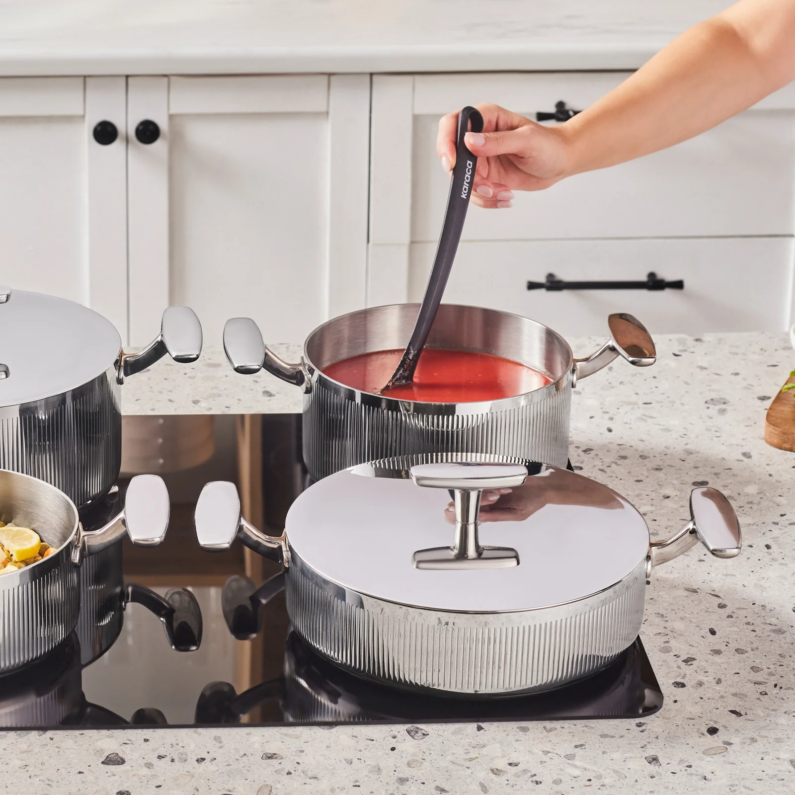 Karaca Rimova 3Ply Stainless Steel 8-Piece Induction Cookware Set with Flat Lid, Silver - Image 4