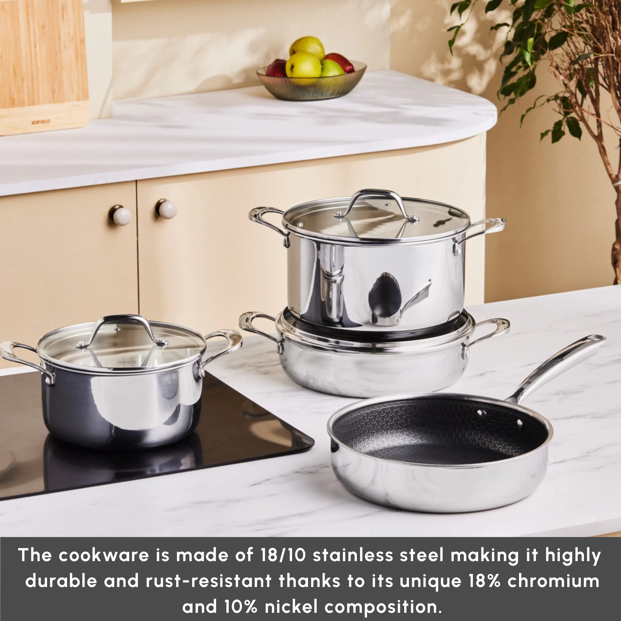Karaca 3Ply Stainless Steel Sparkle 7-Piece Non-Stick Induction Cookware Set, Silver - Image 3