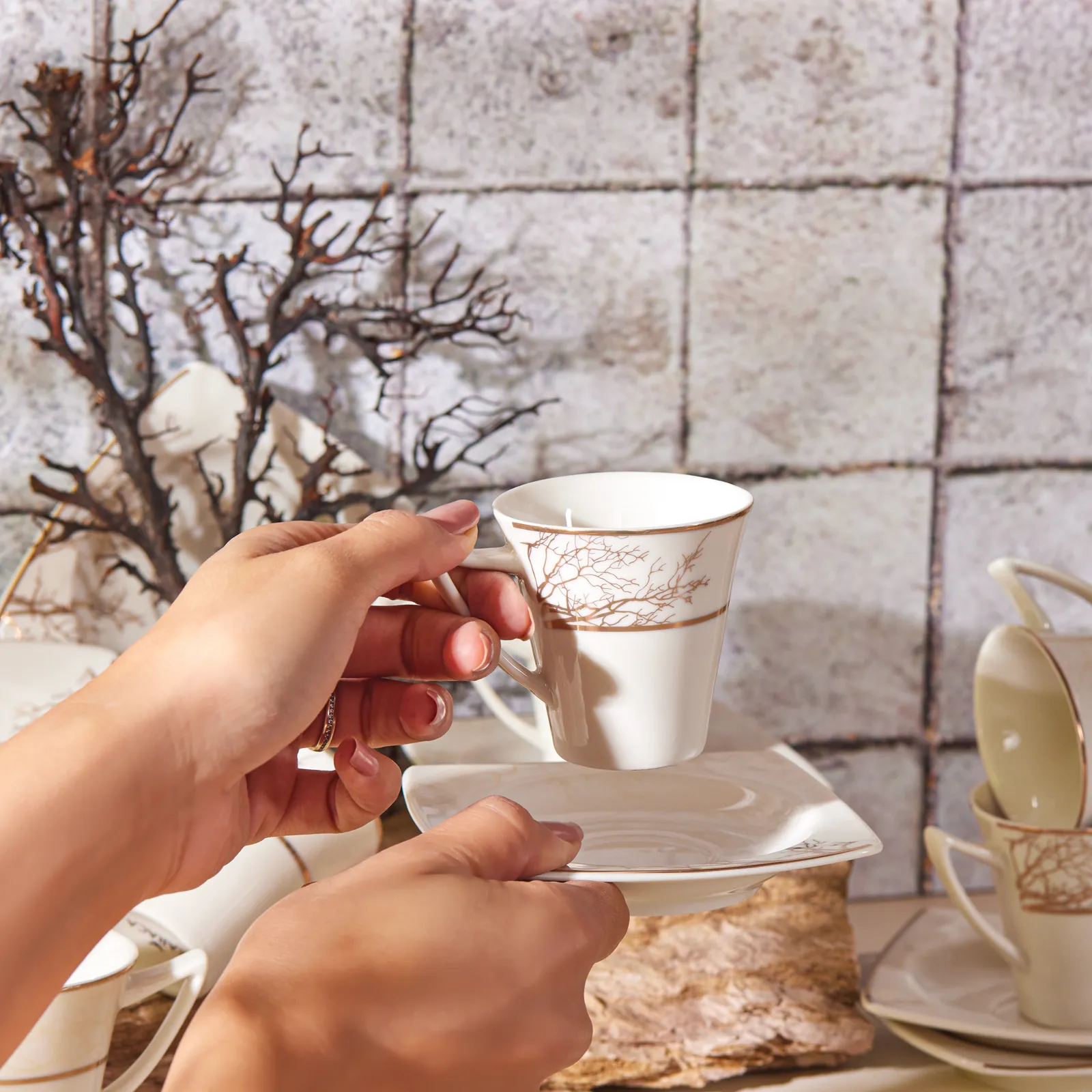 Karaca Autumn 12 Piece Porcelain Espresso Turkish Coffee Cup Set for 6 People, 85ml, Gold White - Image 4