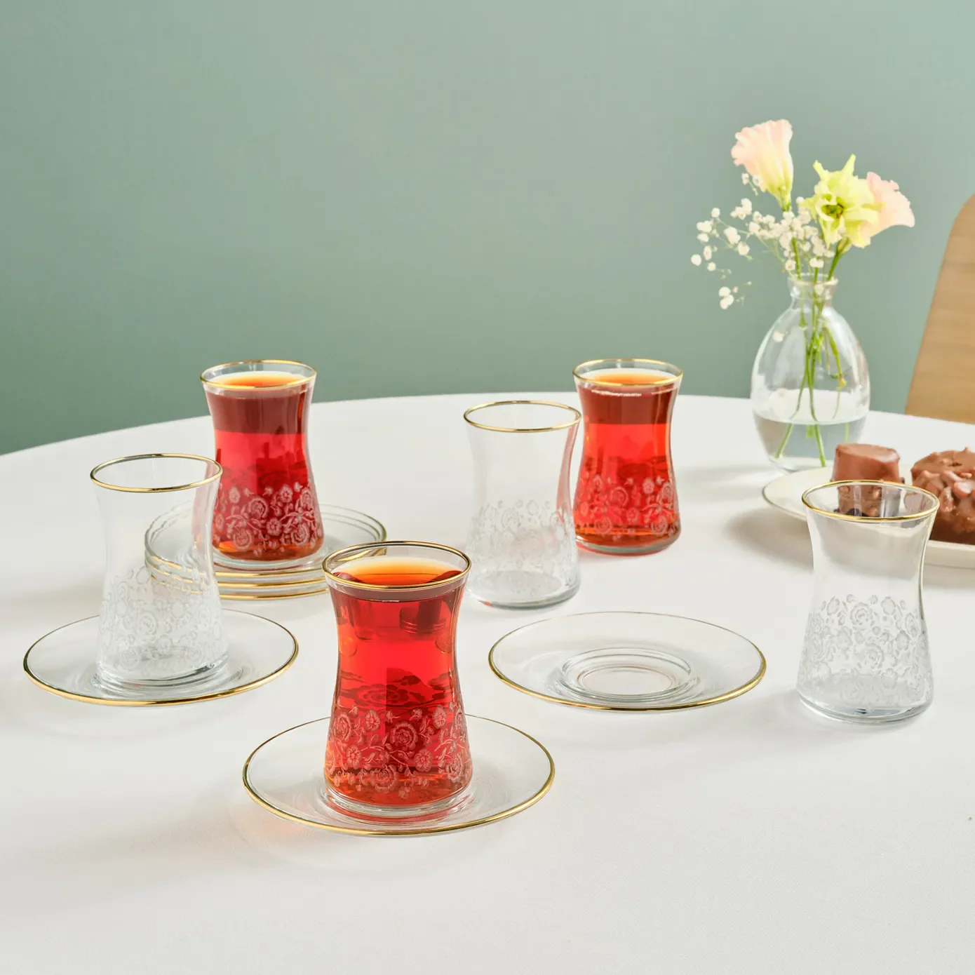 Karaca Brugge 12-Piece Glass Turkish Tea Set for 6 People, Gold - Image 3