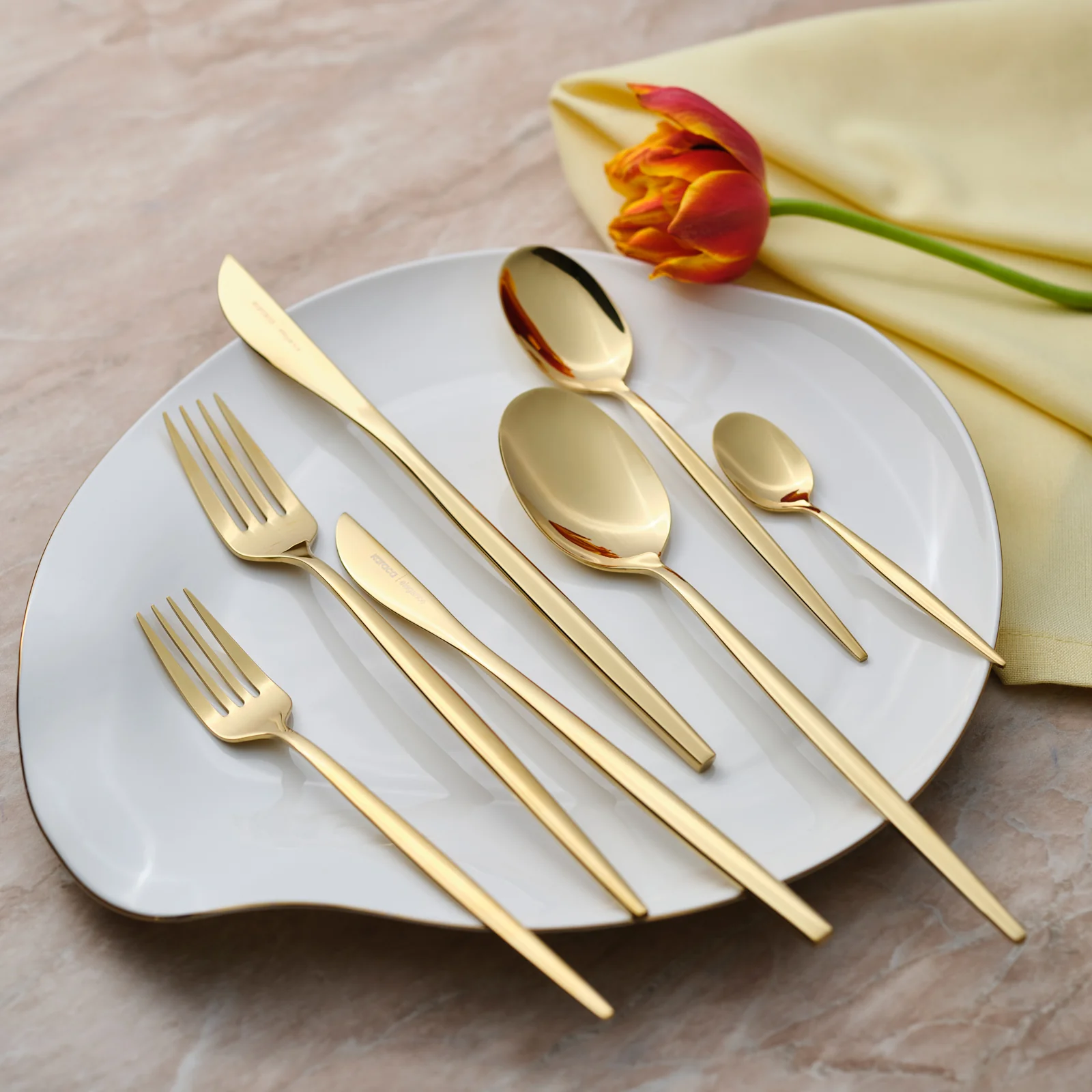 Karaca Camille 84-Piece Stainless Steel Cutlery Set for 12 People, Gold - Image 7