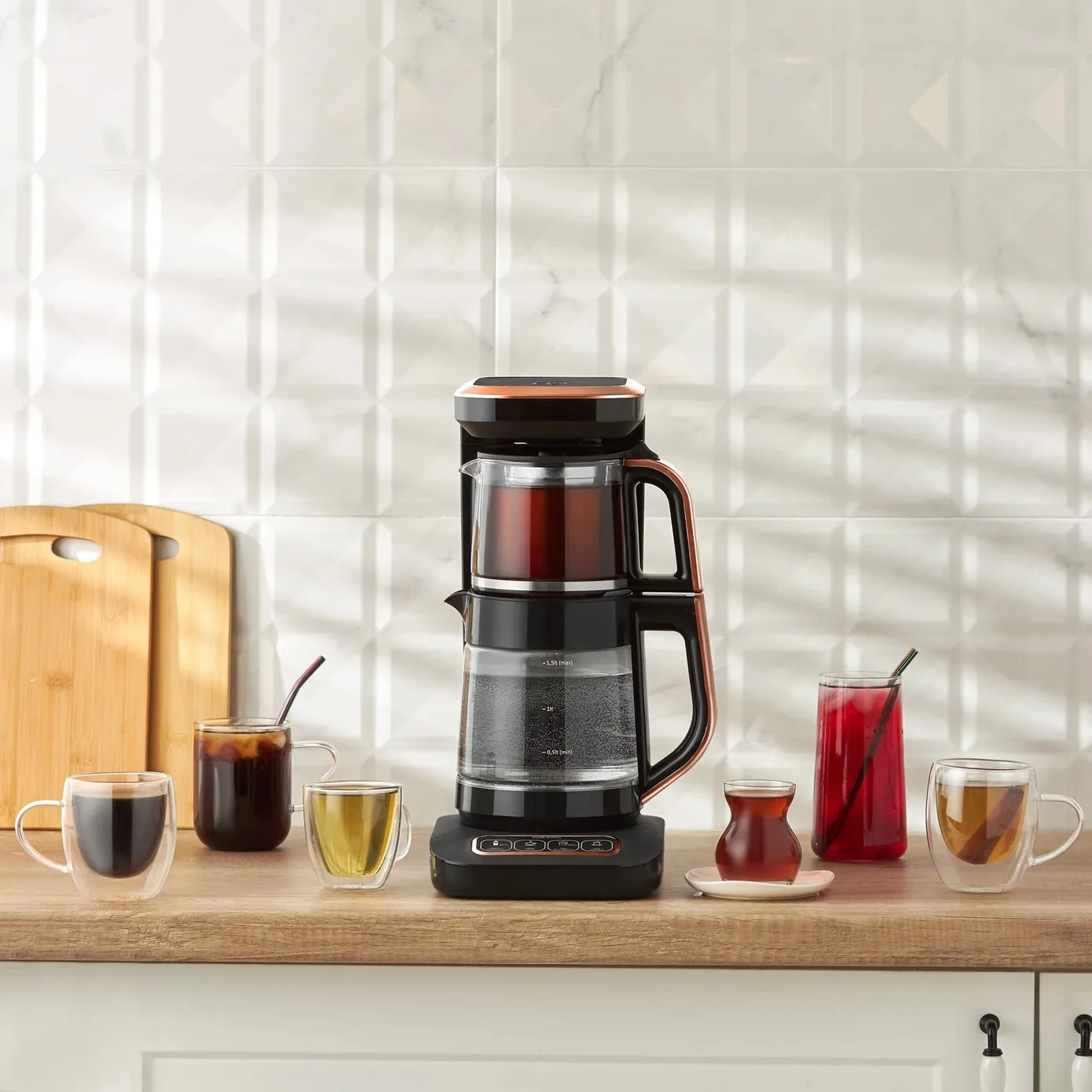 Karaca Caysever Robotea Pro 4 in 1 Talking Automatic Tea Maker Kettle and Filter Coffee Maker, 2500W, Black Copper