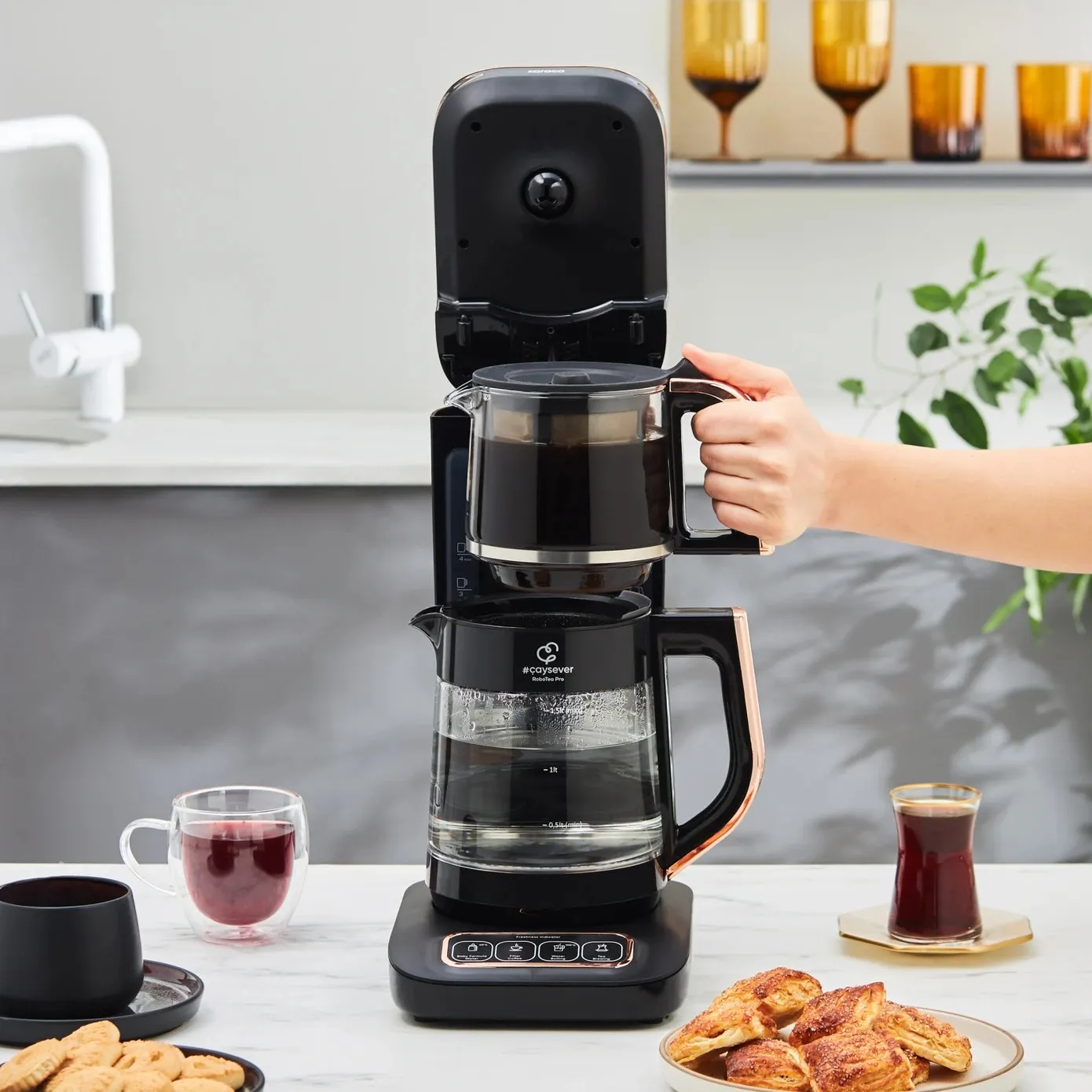 Karaca Caysever Robotea Pro 4 in 1 Talking Automatic Tea Maker Kettle and Filter Coffee Maker, 2500W, Black Copper - Image 14
