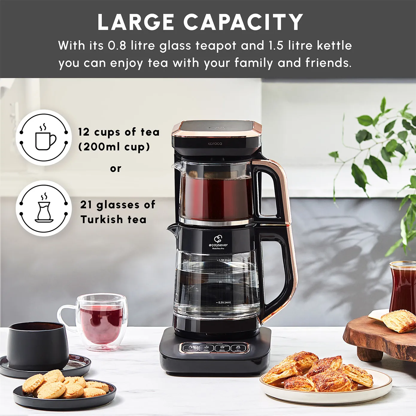 Karaca Caysever Robotea Pro 4 in 1 Talking Automatic Tea Maker Kettle and Filter Coffee Maker, 2500W, Black Copper - Image 4
