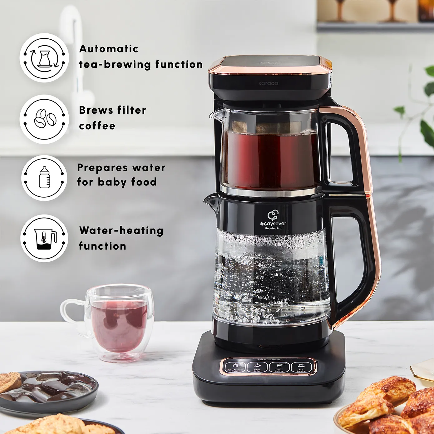 Karaca Caysever Robotea Pro 4 in 1 Talking Automatic Tea Maker Kettle and Filter Coffee Maker, 2500W, Black Copper - Image 5