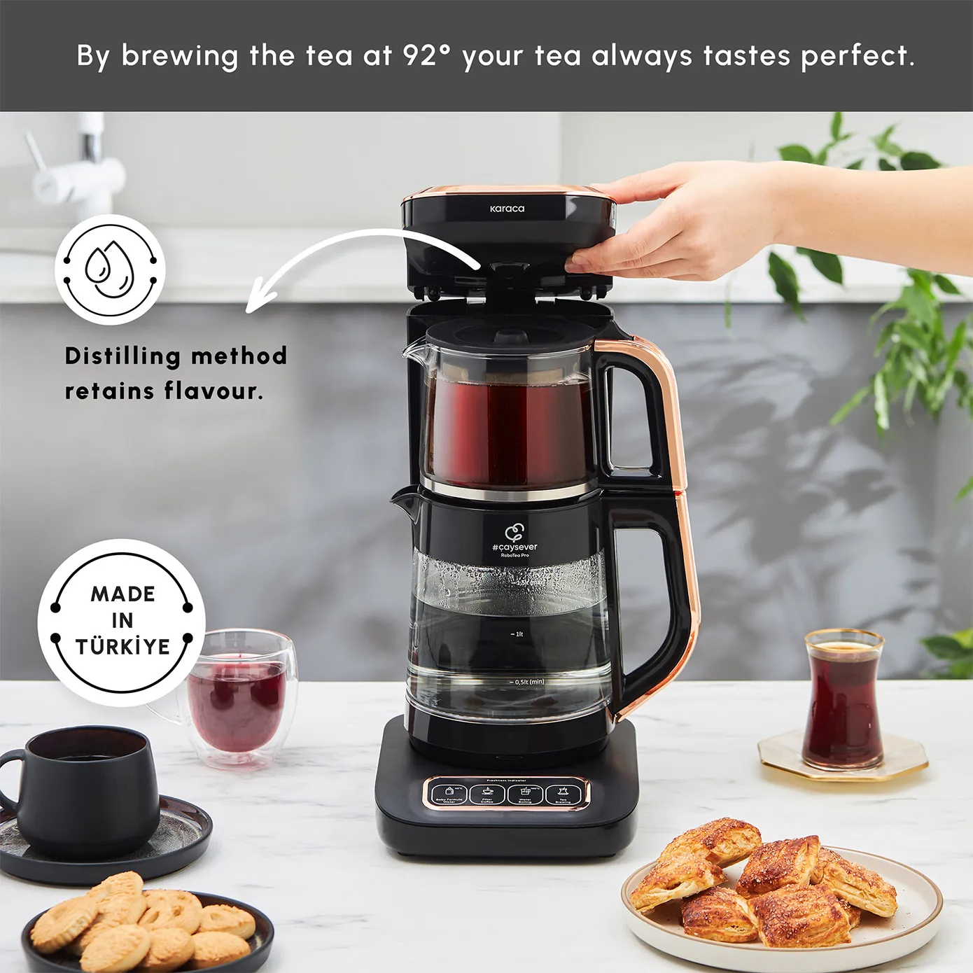 Karaca Caysever Robotea Pro 4 in 1 Talking Automatic Tea Maker Kettle and Filter Coffee Maker, 2500W, Black Copper - Image 6