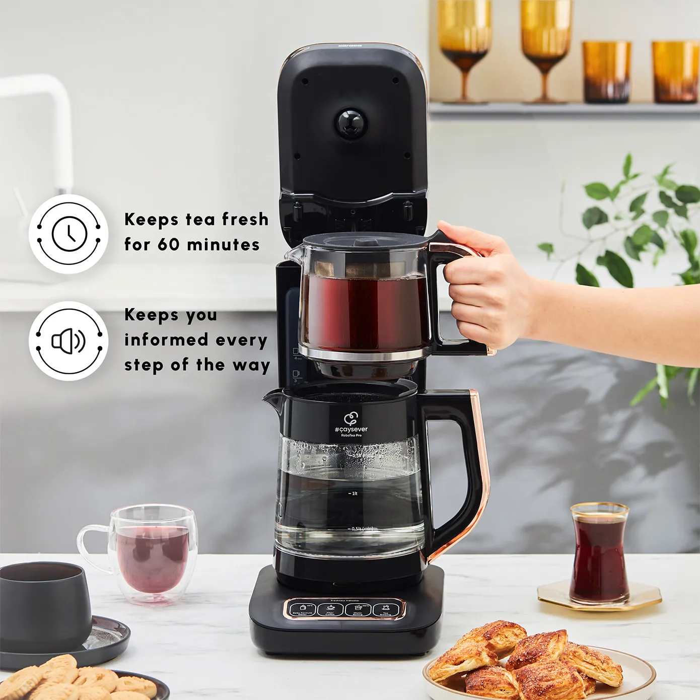 Karaca Caysever Robotea Pro 4 in 1 Talking Automatic Tea Maker Kettle and Filter Coffee Maker, 2500W, Black Copper - Image 8