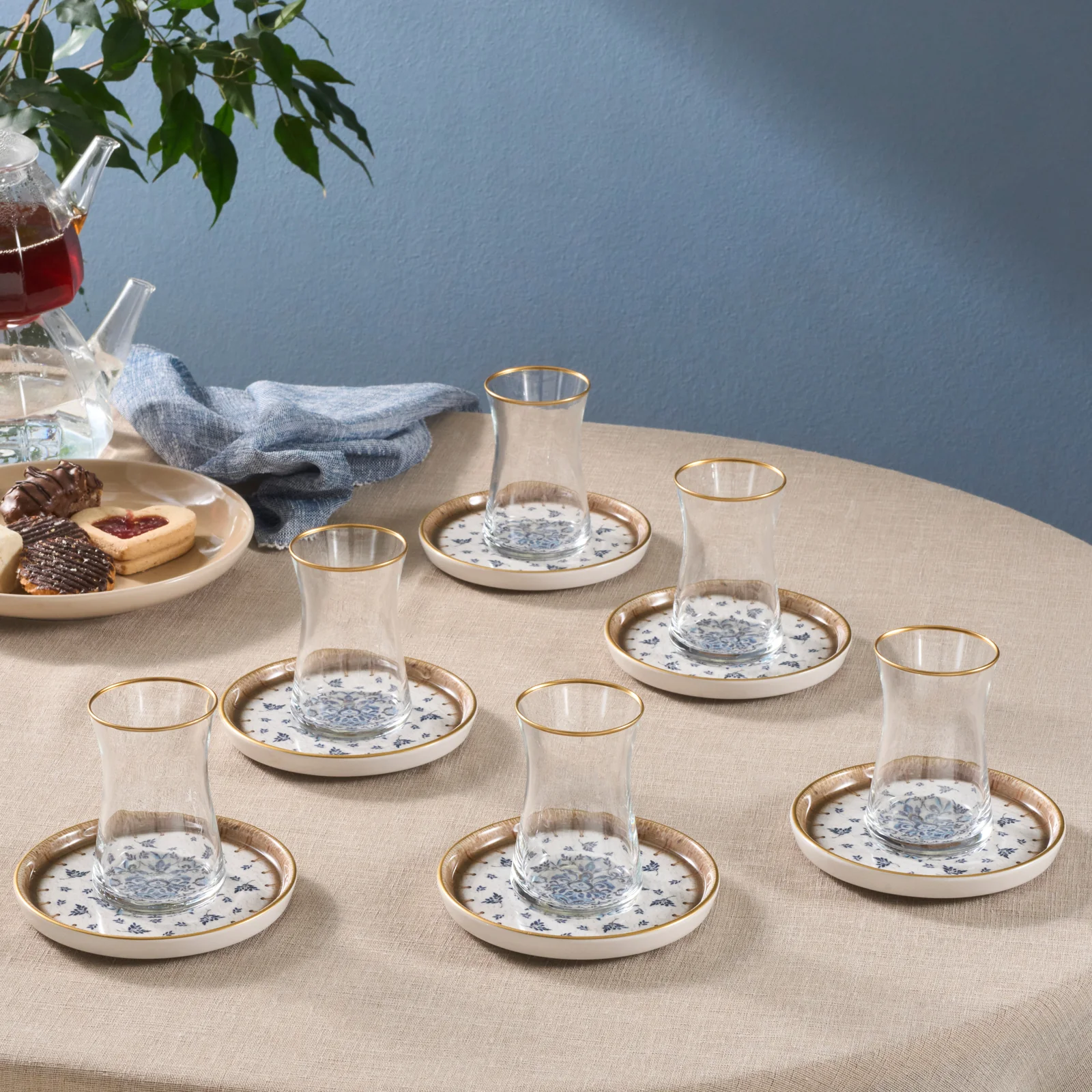 Karaca Elena 12-Piece Glass Turkish Tea Set for 6 People, 170ml, Multi