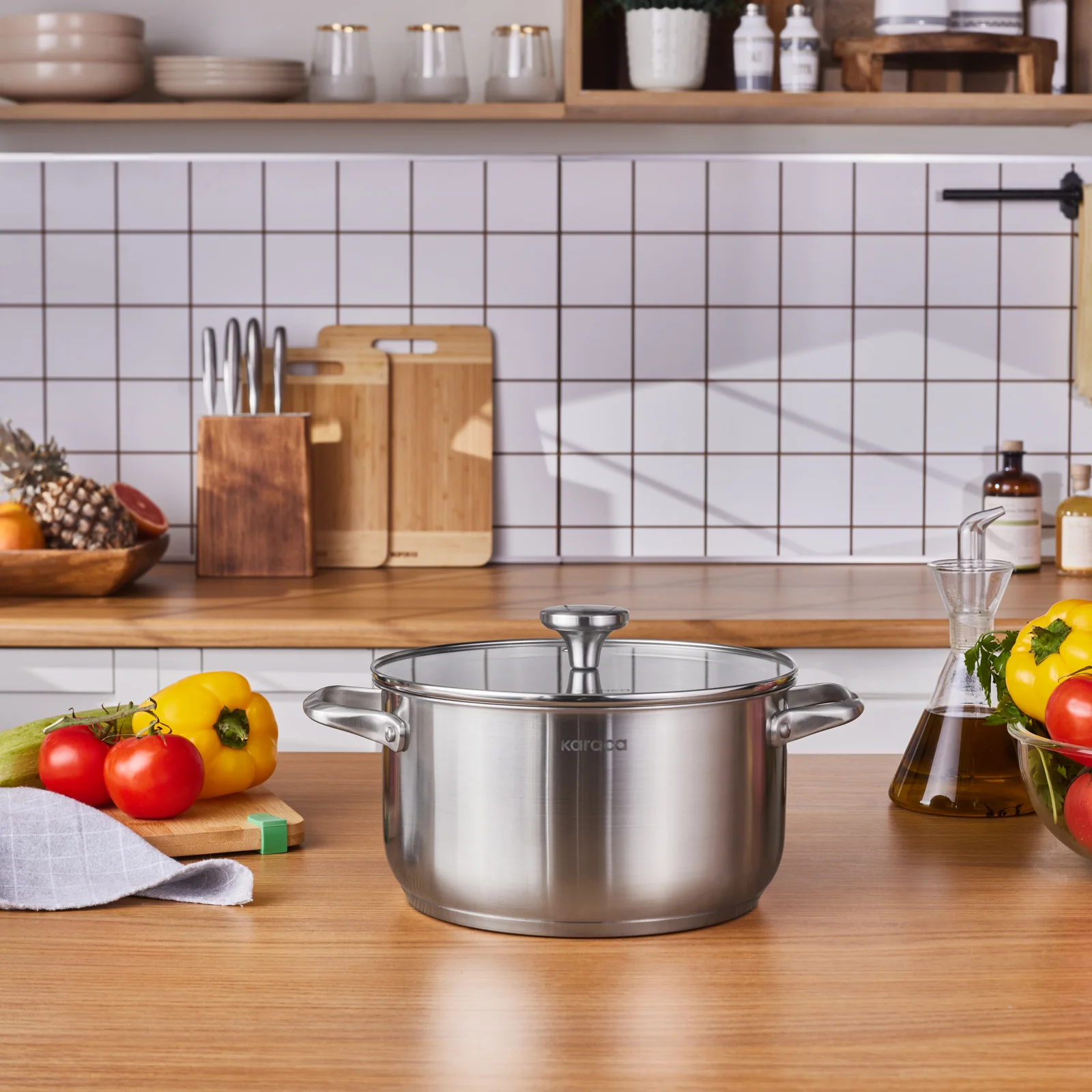 Karaca Elite Stainless Steel Induction Stock Pot & Lid, 24cm, Silver