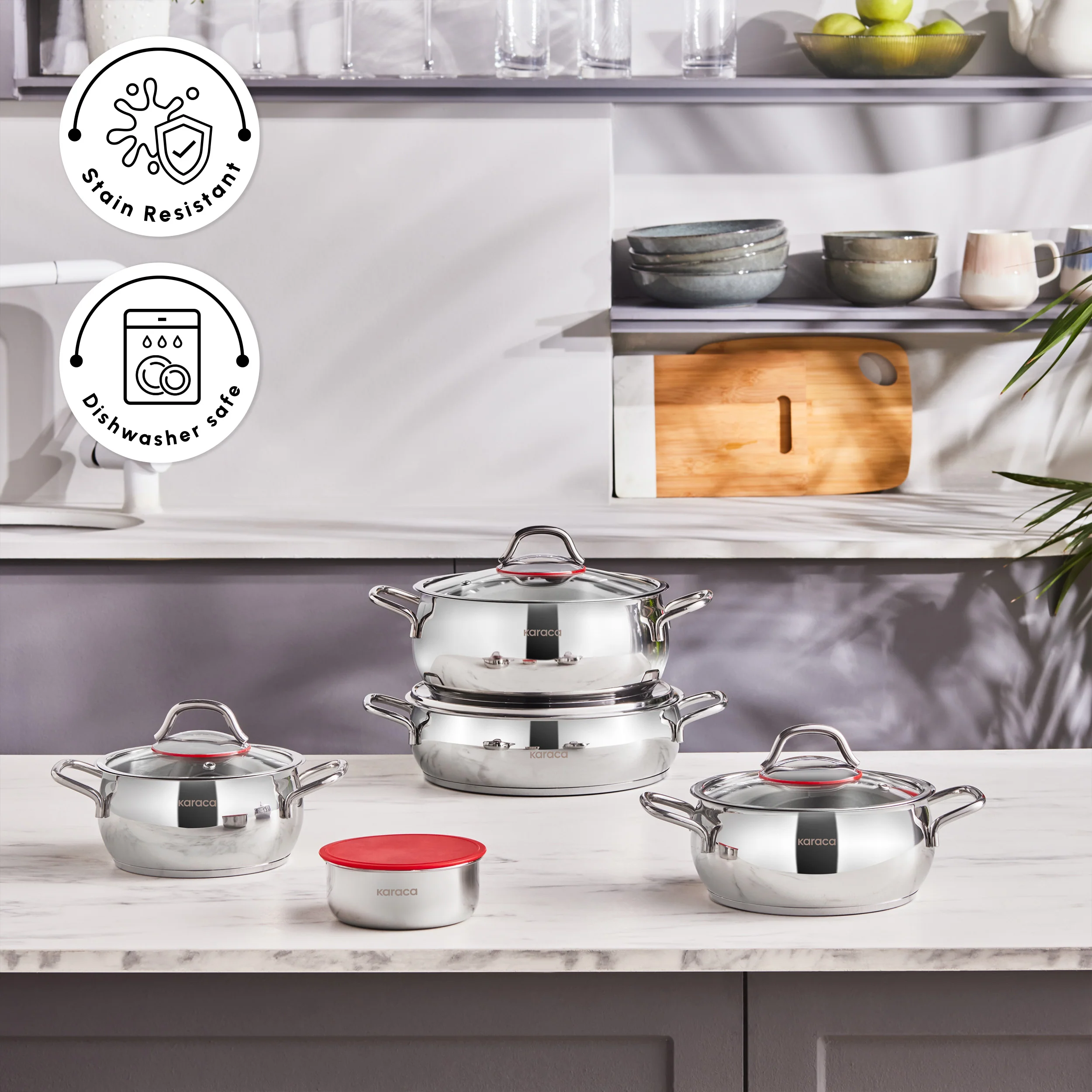 Karaca Emirgan XL 10-Piece Stainless Steel Induction Cookware Set with Storage Container, Silver Red - Image 7