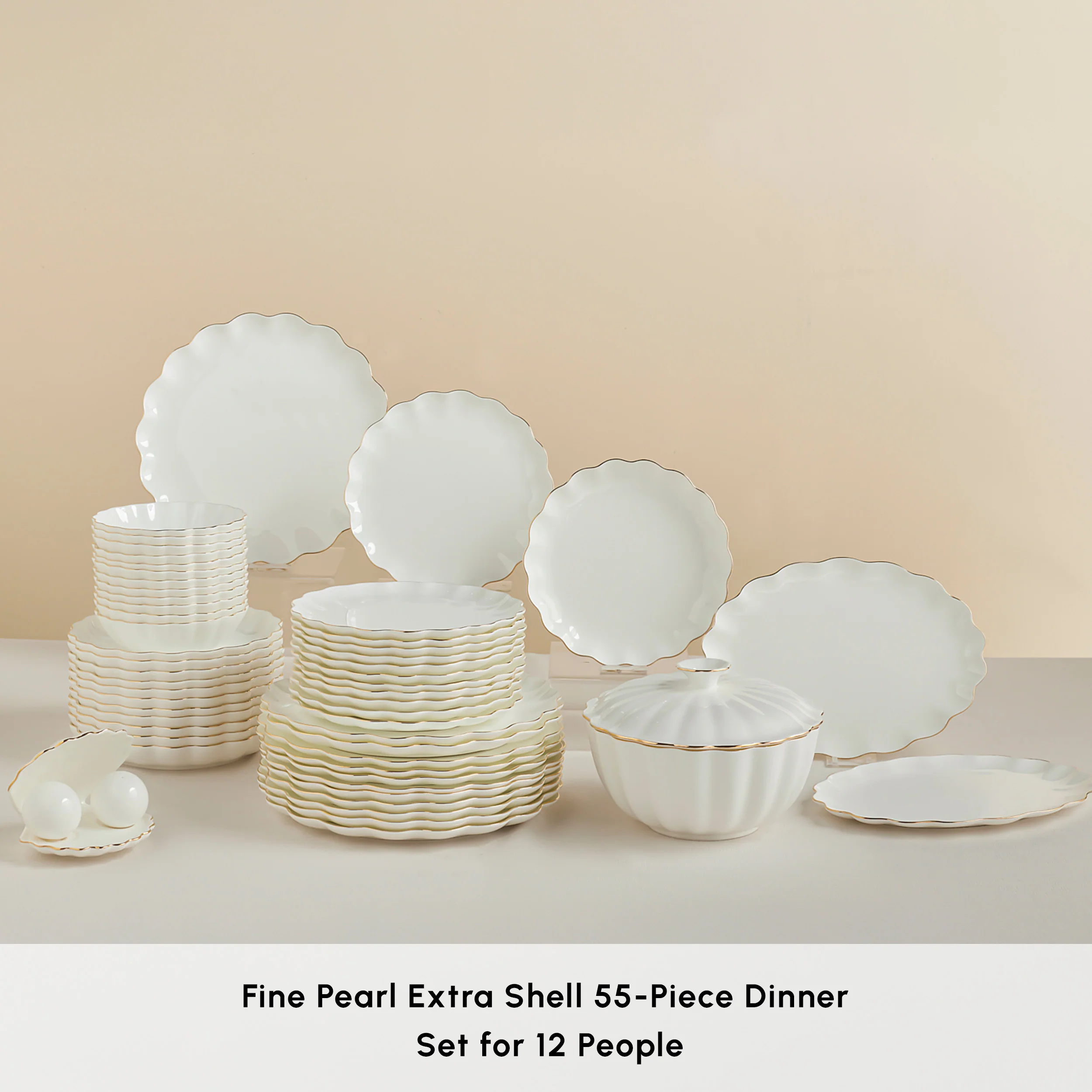 Karaca Fine Pearl Extra Shell 55-Piece Dinner Set for 12 People, Gold - Image 3
