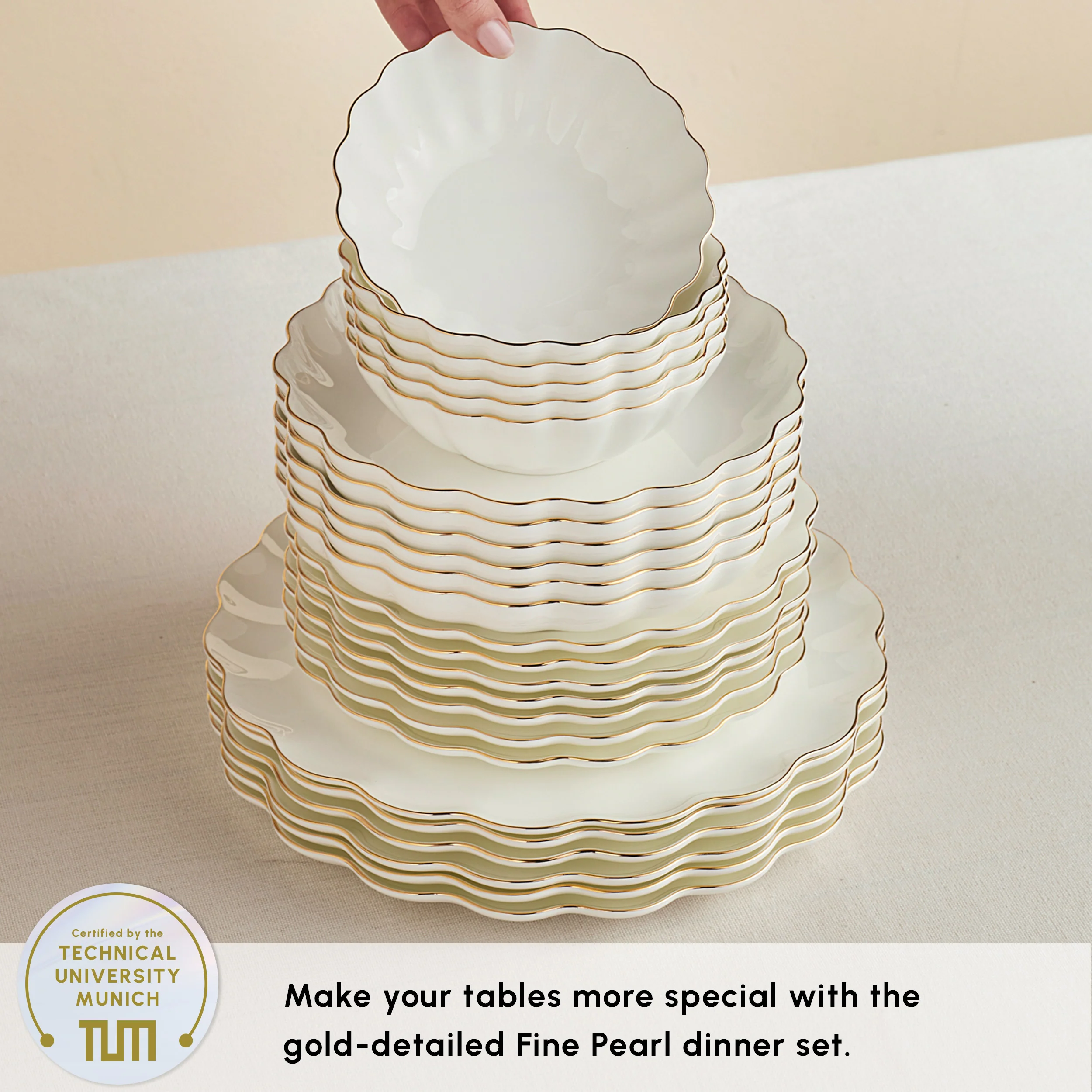 Karaca Fine Pearl Extra Shell 55-Piece Dinner Set for 12 People, Gold - Image 6
