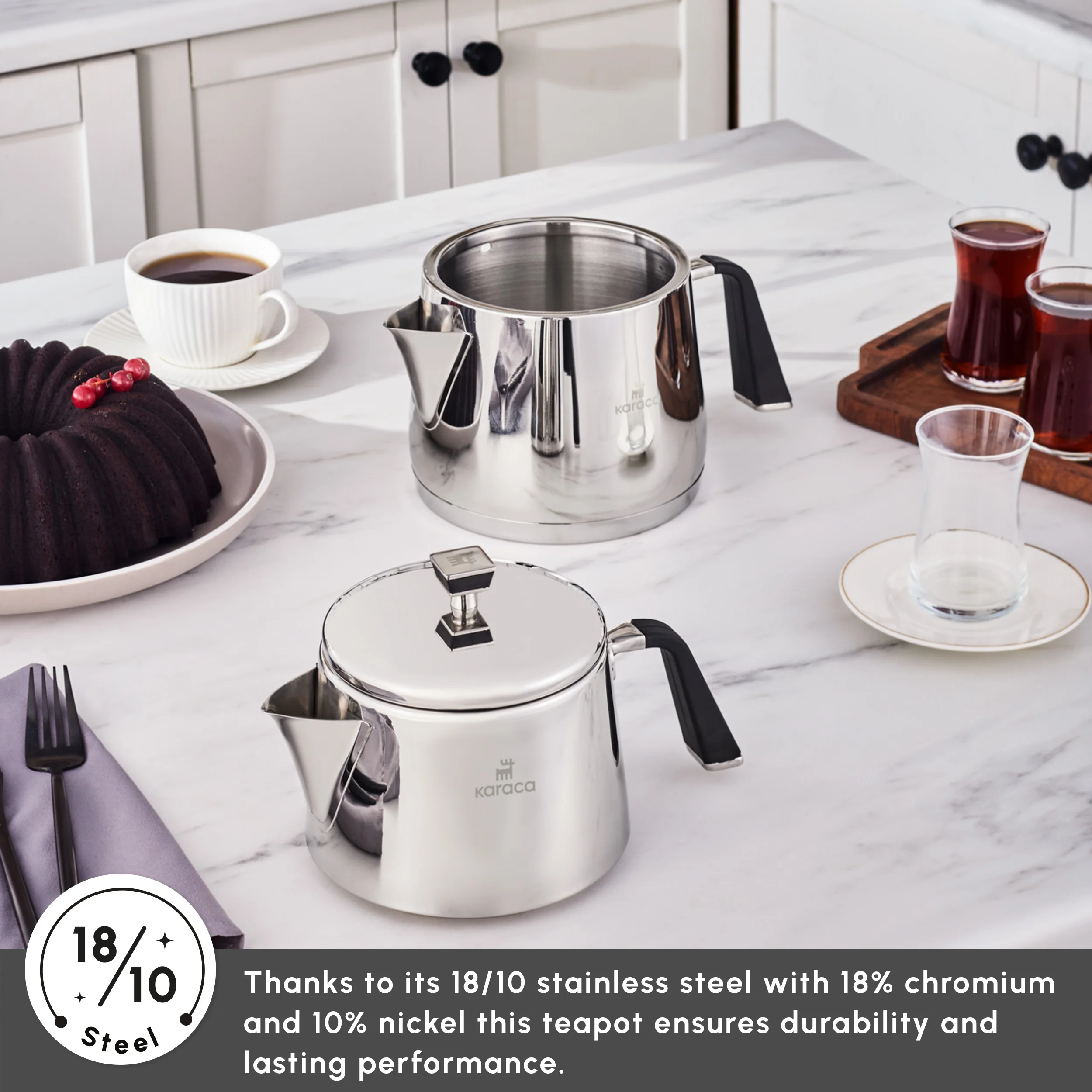 Karaca Fiona Stainless Steel Teapot Set, XL, Silver - Image 3