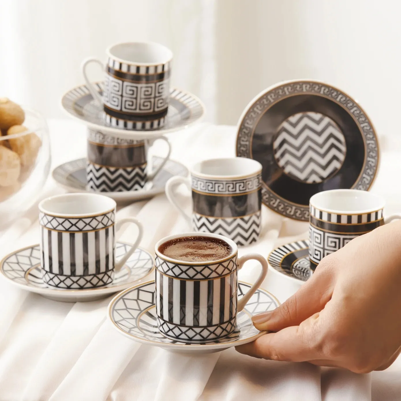 Karaca Helenistik 12-Piece Porcelain Espresso Turkish Coffee Cup Set for 6 People, 80ml, Black - Image 3