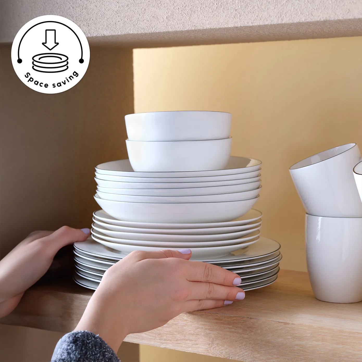 Karaca Lea 30-Piece Bone China Dinner Set for 6 People, White Black