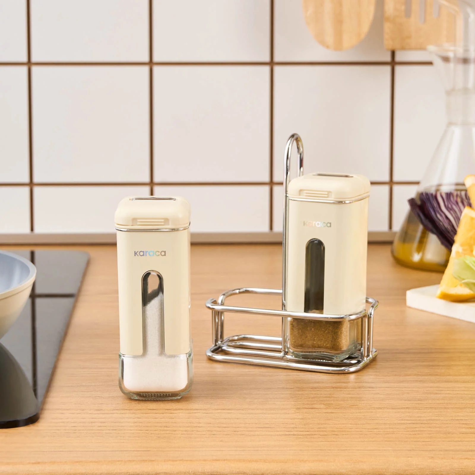Karaca Luminous 3-Piece Glass Salt and Pepper Shaker, Cream - Image 2
