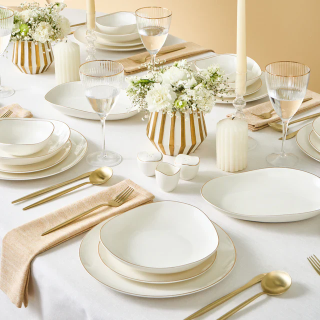 Karaca Stream Bone China Middle 53-Piece Dinner Set for 12 People, Gold