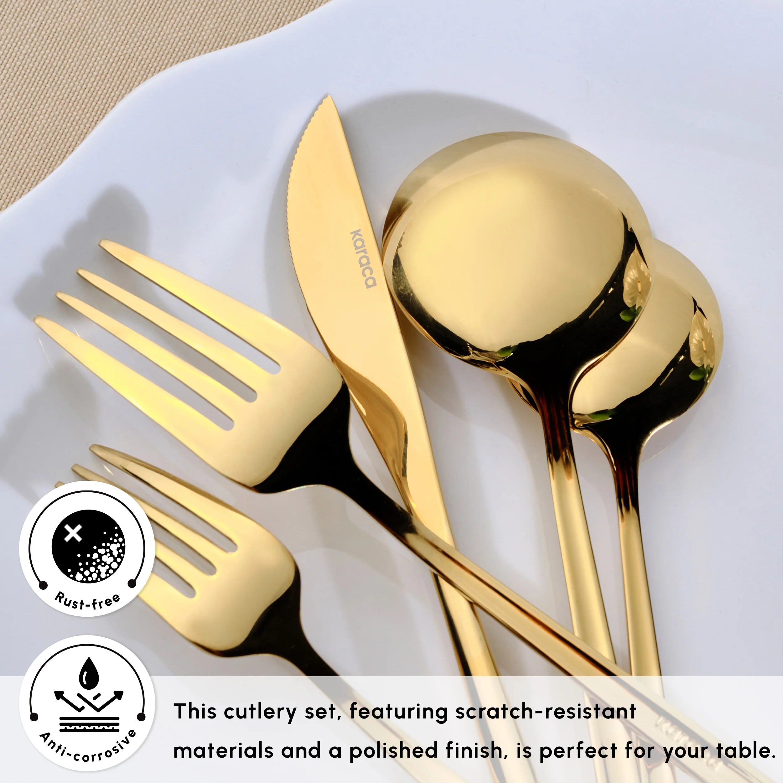Karaca Orion Silver 60-Piece Stainless Steel Cutlery Set for 12 People, Shiny Gold - Image 5
