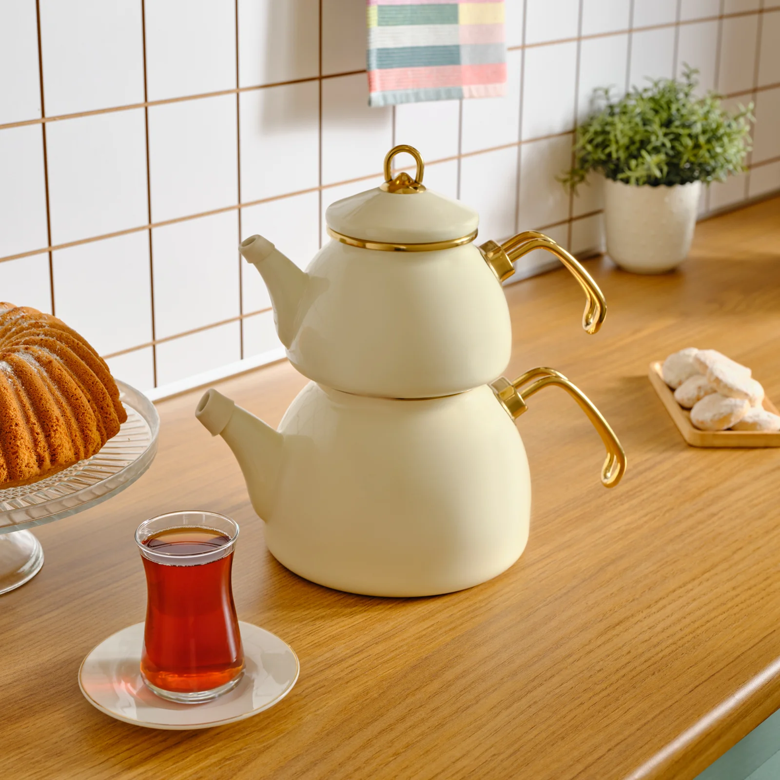 Karaca Retro Enamel Induction Teapot Set, Cream - Image 3