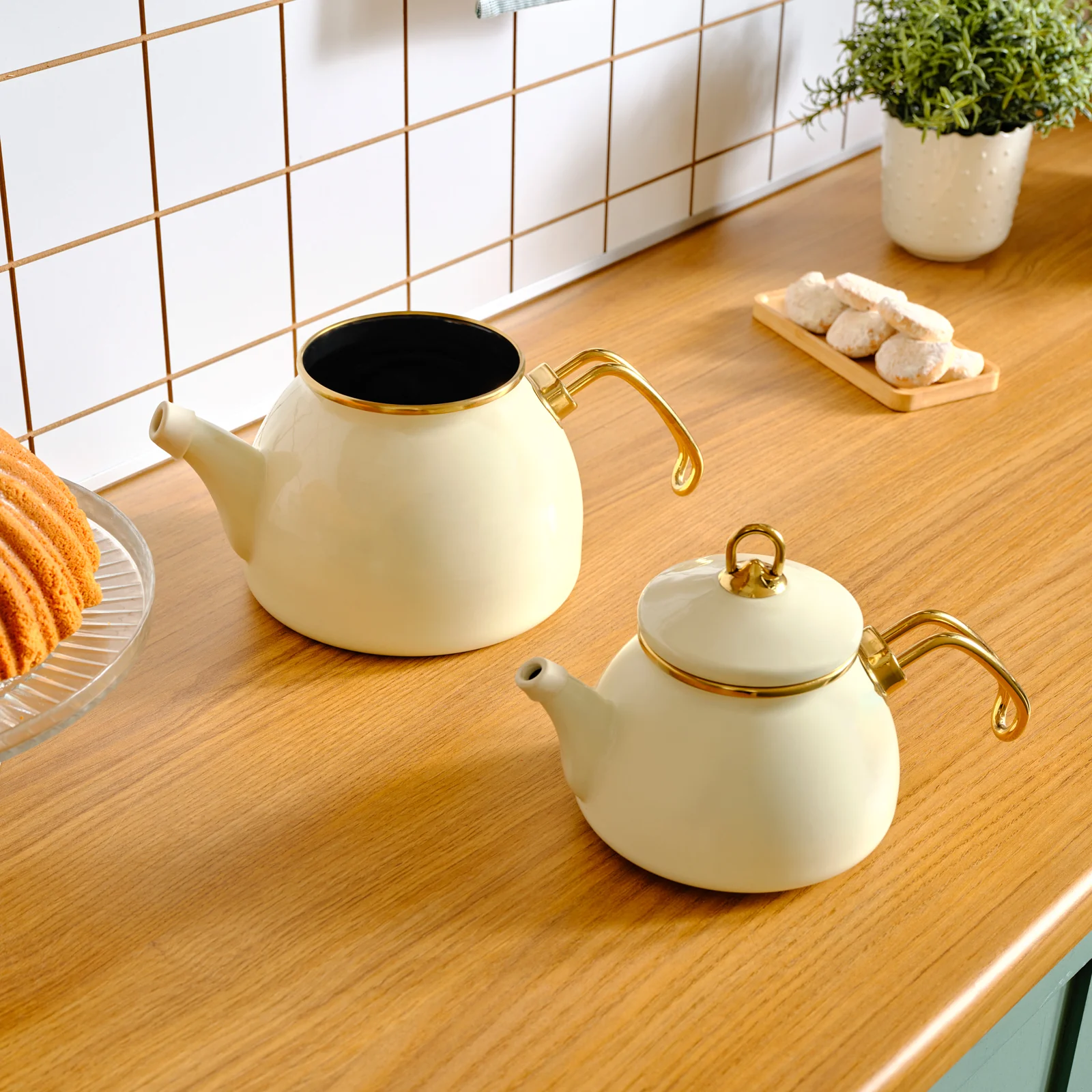 Karaca Retro Enamel Induction Teapot Set, Cream - Image 4