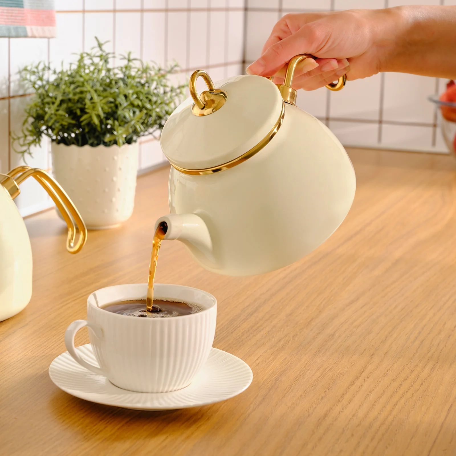 Karaca Retro Enamel Induction Teapot Set, Cream - Image 5
