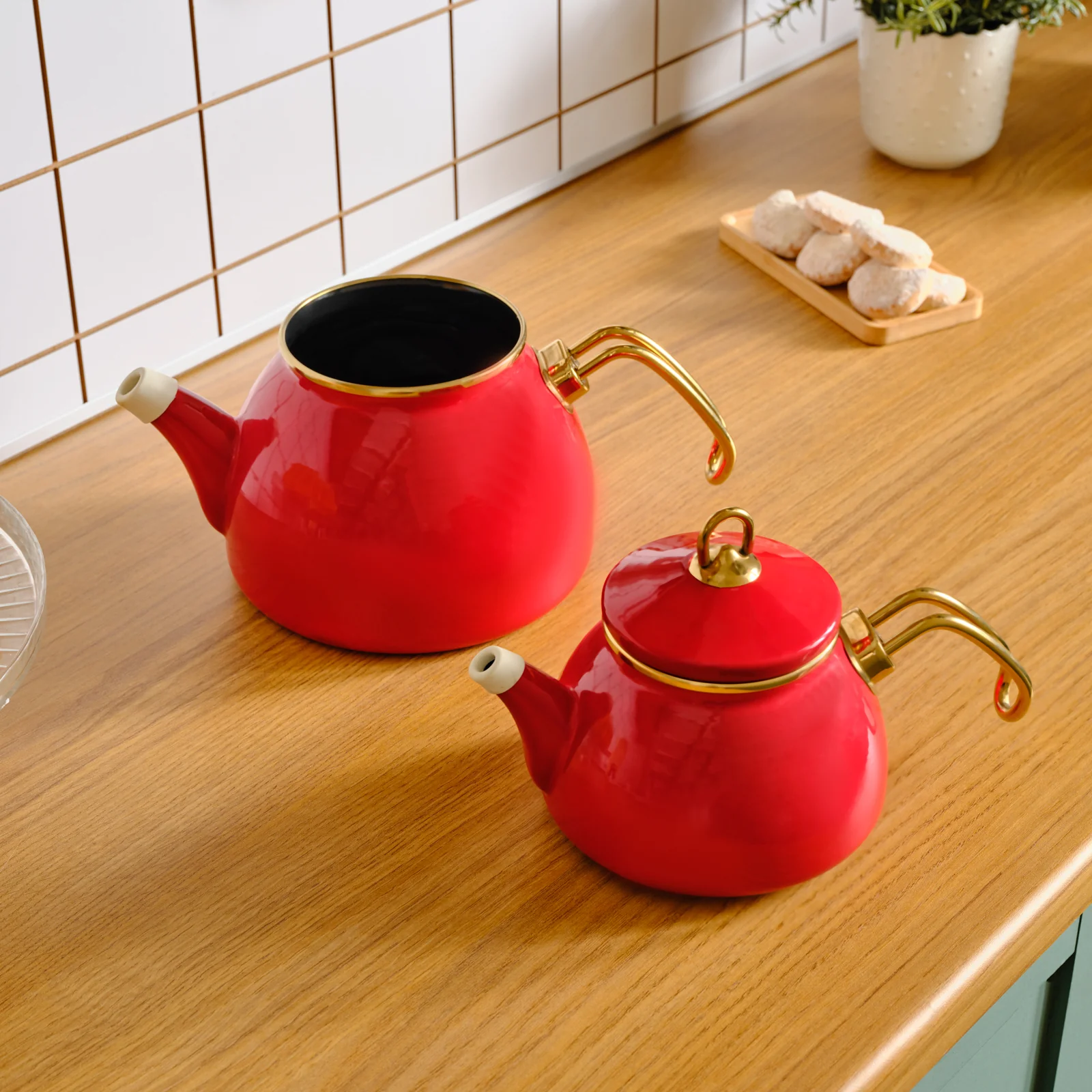 Karaca Retro Enamel Induction Teapot Set, Red - Image 5