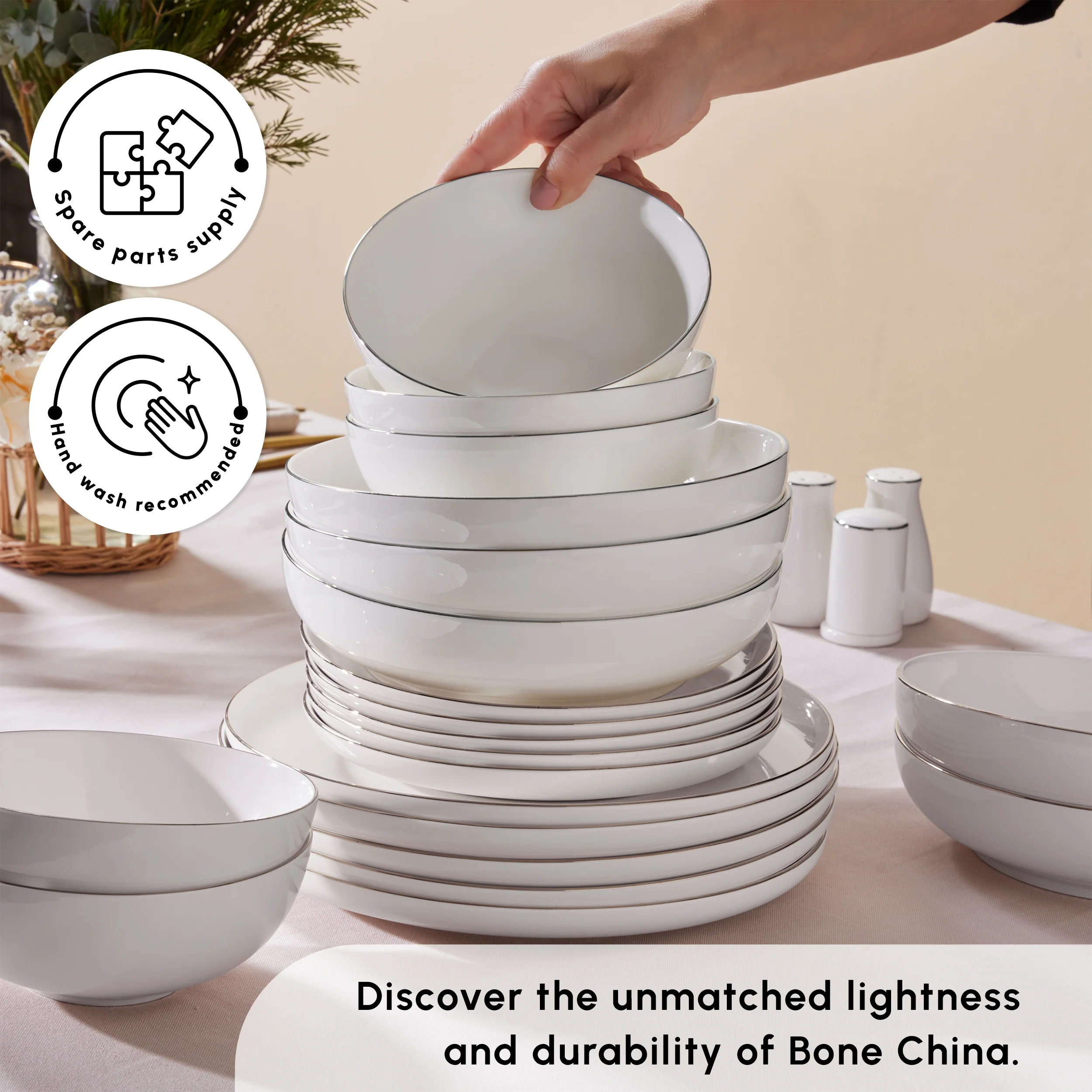 Karaca Stream Bone China Favaro 53-Piece Dinner Set for 12 People, Platin - Image 6