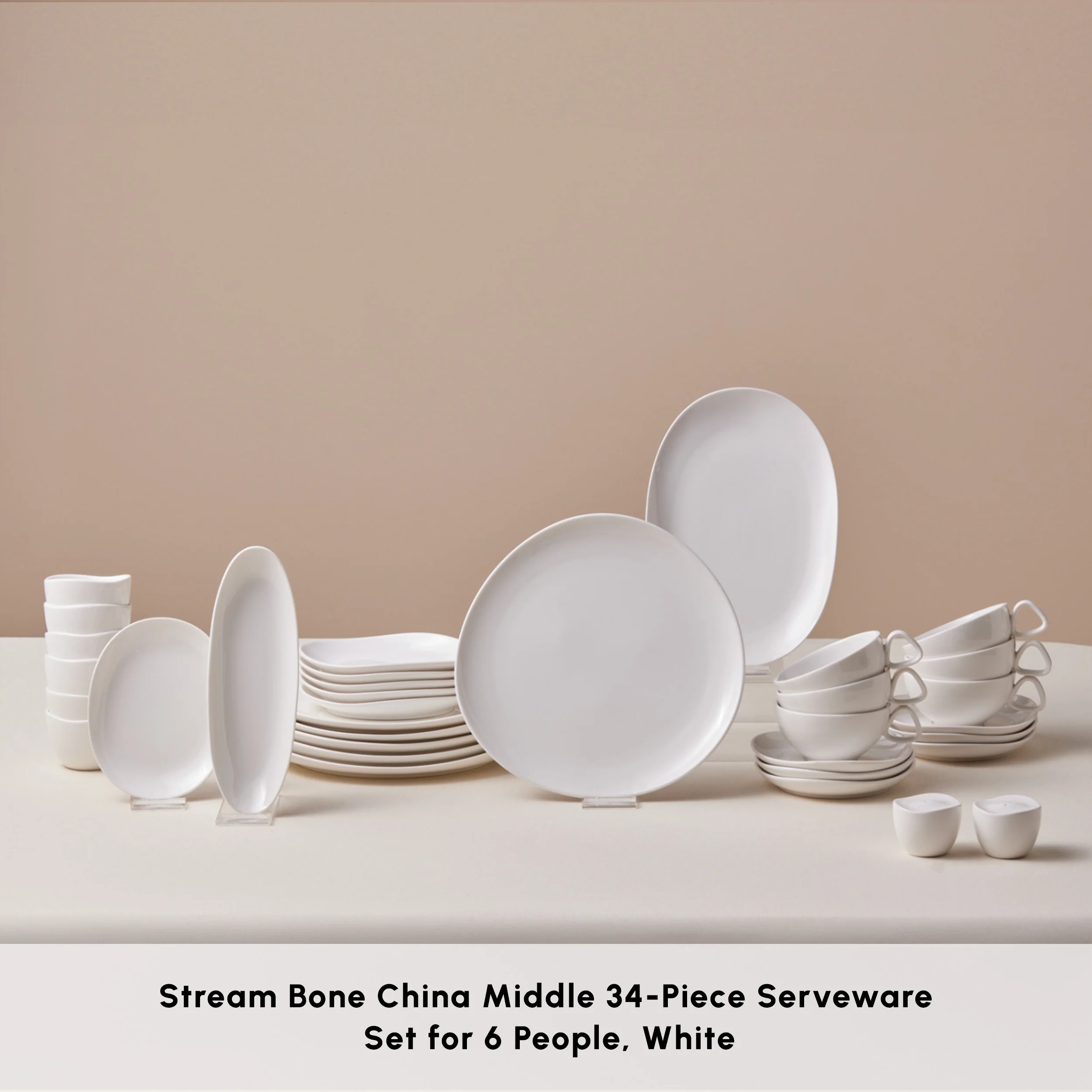 Karaca Stream Bone China Middle 34-Piece Serveware Set for 6 People, White - Image 2