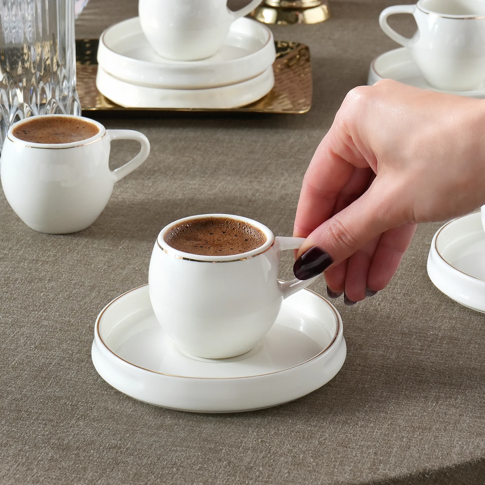 Karaca Streamline Sunset 12-Piece Porcelain Espresso Turkish Coffee Cup Set for 6 People, 100ml, White - Image 4