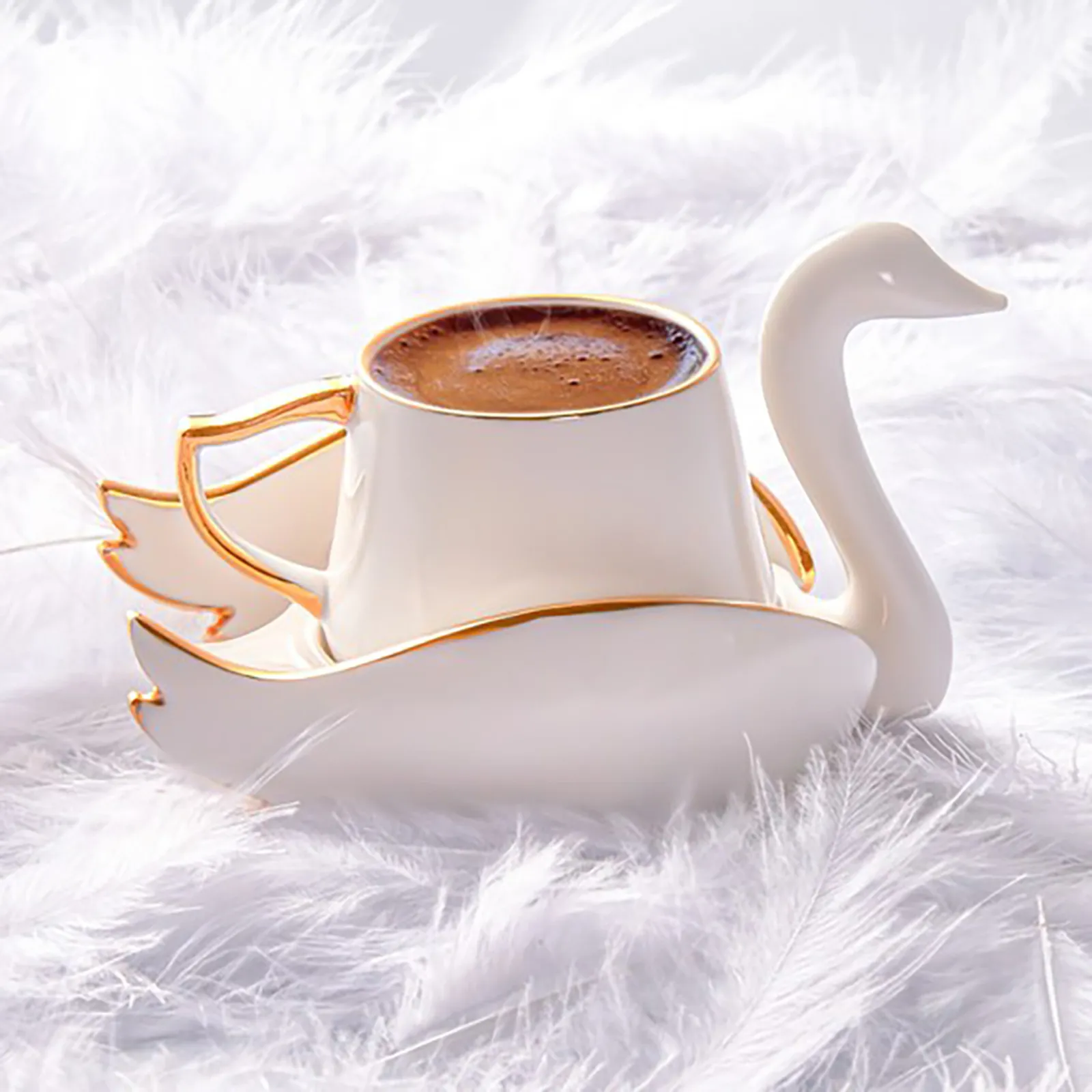 Karaca Swan 4-Piece Porcelain Espresso Turkish Coffee Cup Set for 2 People, 70ml, Gold White