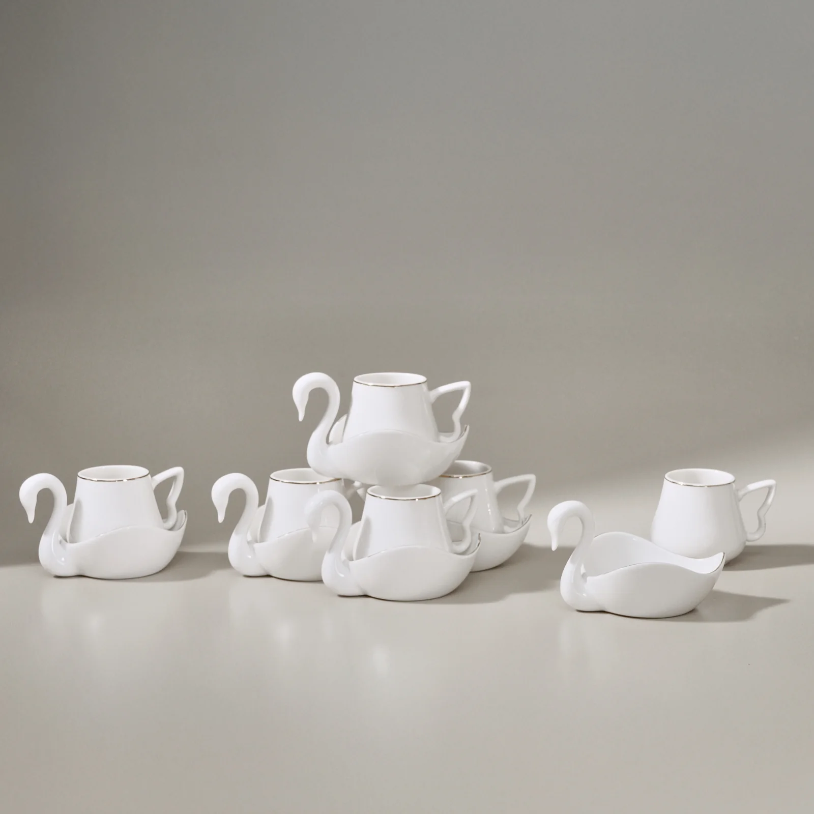 Karaca Swan 12-Piece Bone China Espresso Turkish Coffee Cup Set for 6 People, 90ml, Multi