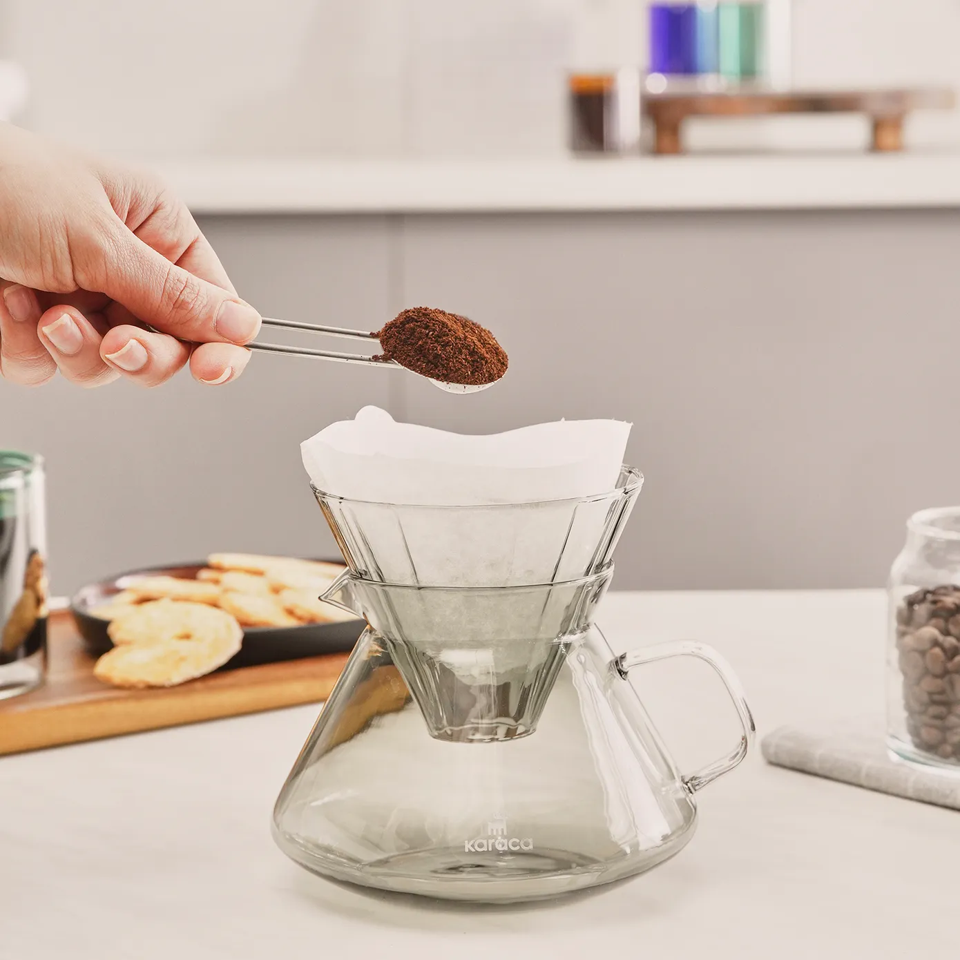 Karaca Winx Brewy Glass Pour Over Coffee Maker Set with Stand, 650ml, Grey - Image 4
