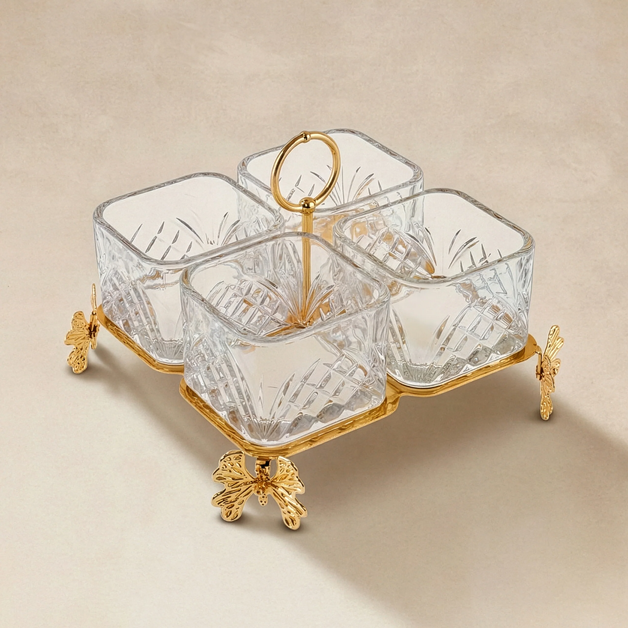 Karaca Lumina 4-Piece Glass Decorative Snack Bowl, 16x16cm, Gold