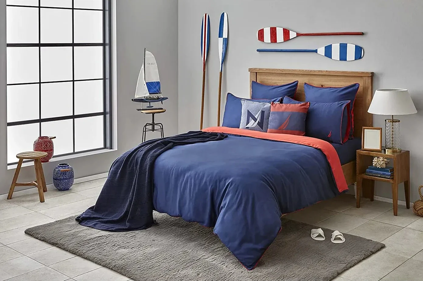 Nautica Home Creek 100% Cotton Duvet Cover Set, King, 230cmx220cm, Navy Blue Red