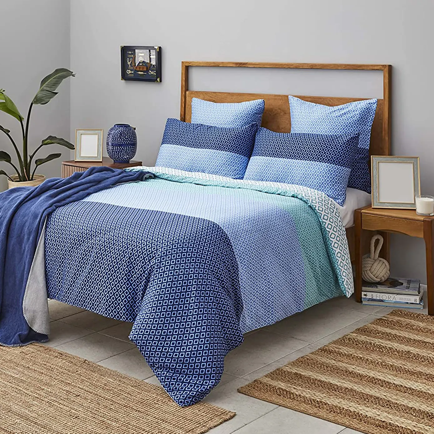 Nautica Home Grace 100% Cotton Duvet Cover Set, Super King, 260cmx220cm, Blue Multi