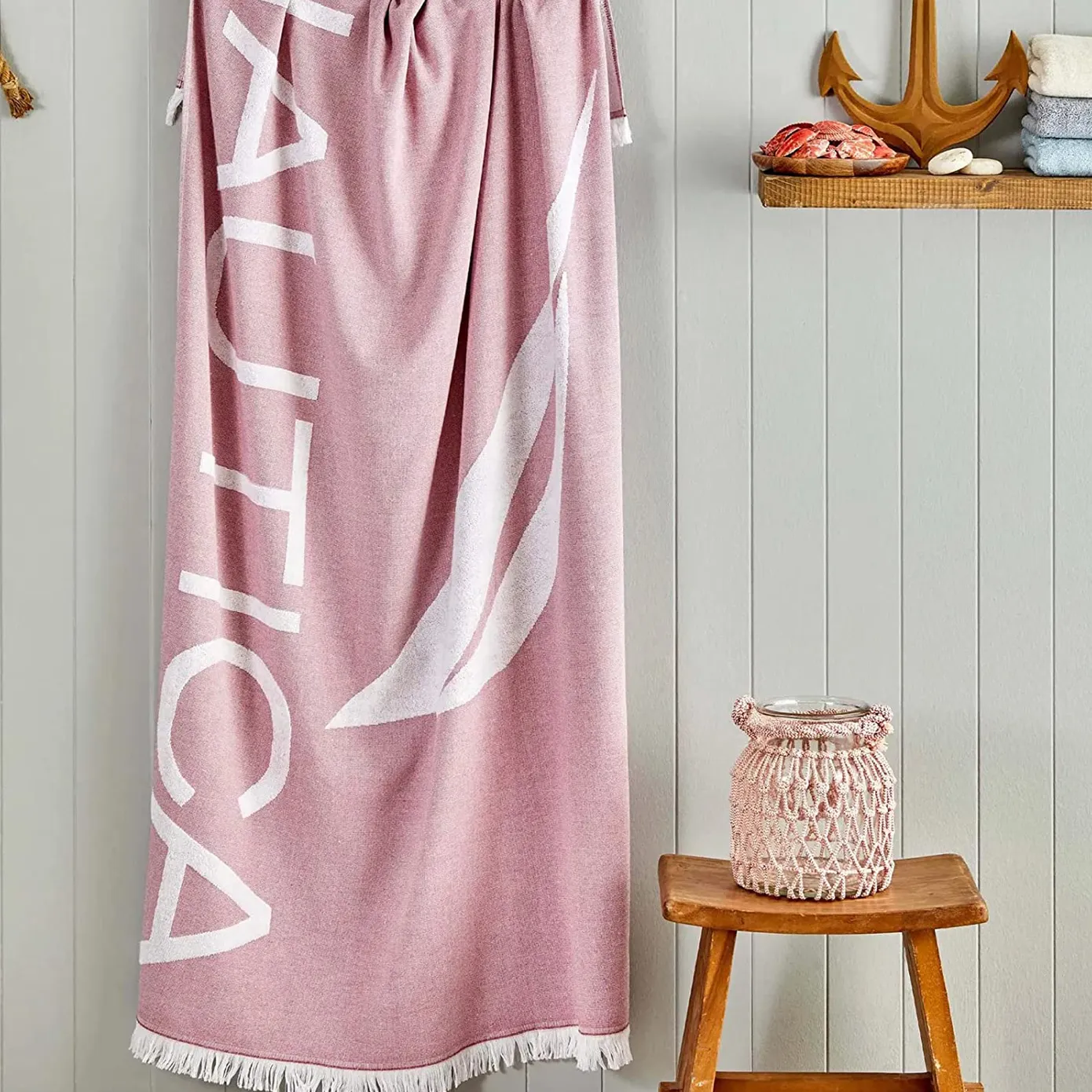 Nautica Home J Logo 100% Turkish Cotton Peshtemal Towel, 100cmx170cm, Pink - Image 2